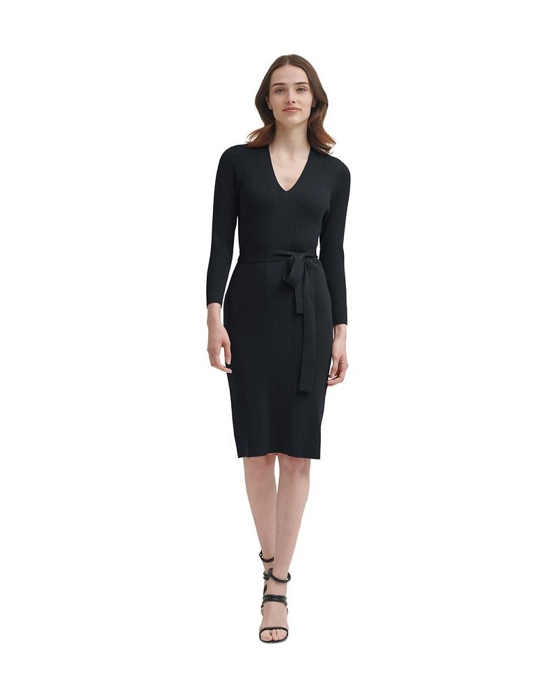 V-Neck Belted Long-Sleeve Sweater Dress Black $29.46 Dresses