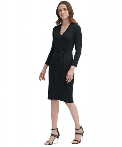 V-Neck Belted Long-Sleeve Sweater Dress Black $29.46 Dresses