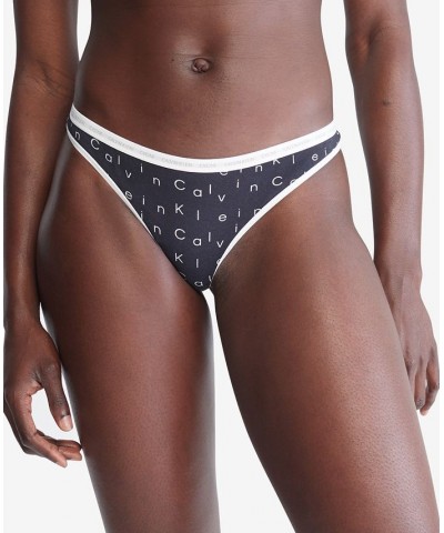 CK One Cotton Singles Thong Underwear QD3783 Falling Logo Print_black $10.95 Panty