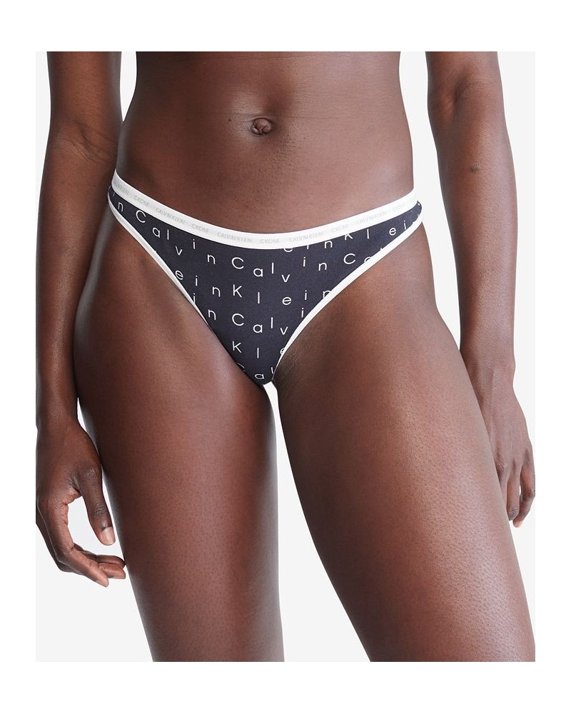 CK One Cotton Singles Thong Underwear QD3783 Falling Logo Print_black $10.95 Panty