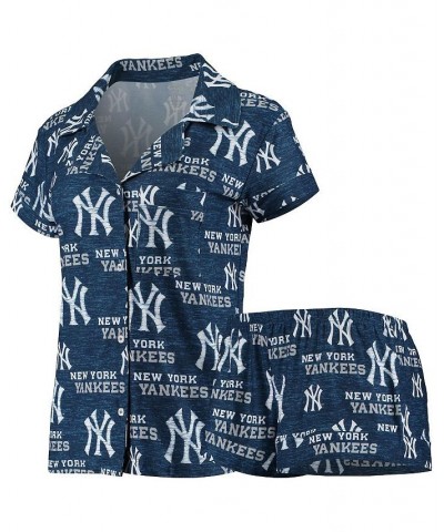 Women's Navy New York Yankees Zest Allover Print Button-Up Shirt and Shorts Sleep Set Navy $29.11 Pajama