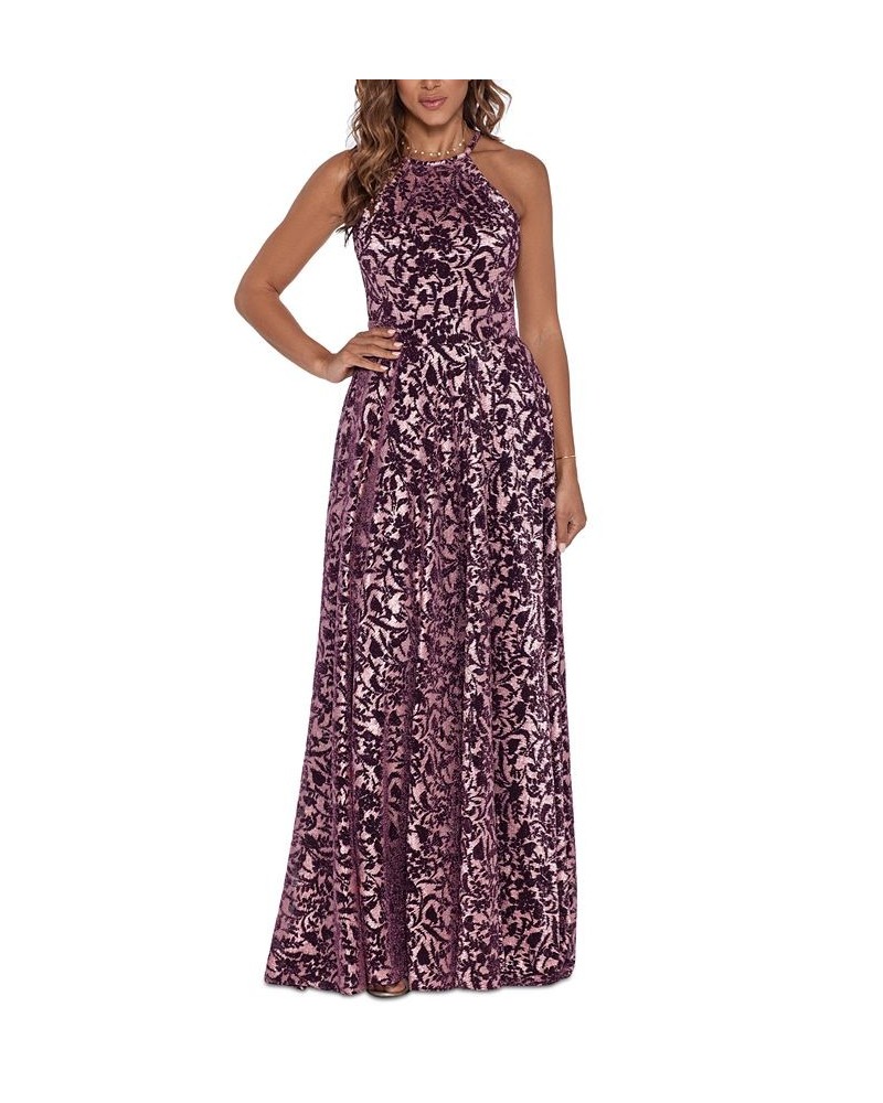 Petite Metallic Burnout Halter Gown Rose $128.57 Dresses