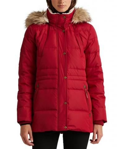 Women's Faux-Fur-Trim Hooded Down Puffer Coat Red $95.00 Coats