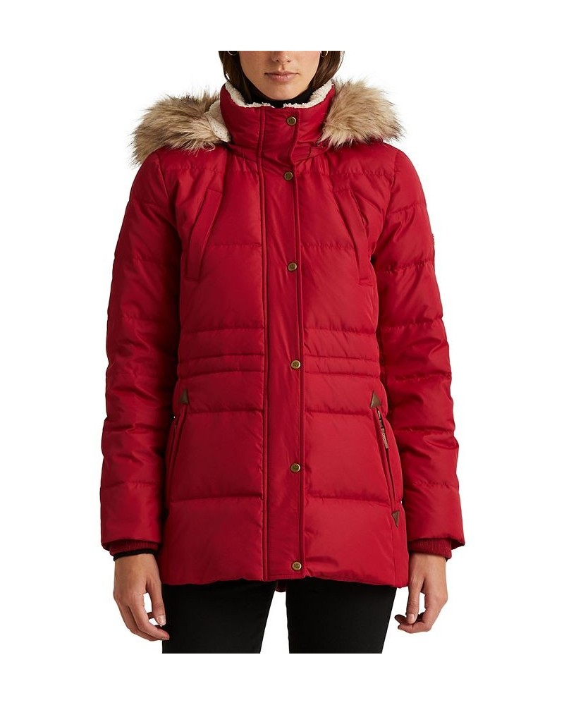 Women's Faux-Fur-Trim Hooded Down Puffer Coat Red $95.00 Coats