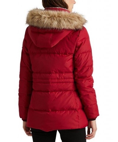 Women's Faux-Fur-Trim Hooded Down Puffer Coat Red $95.00 Coats