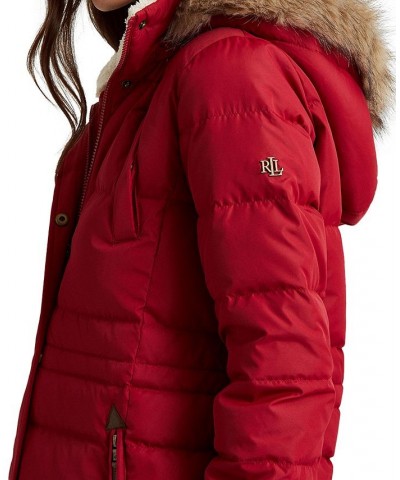 Women's Faux-Fur-Trim Hooded Down Puffer Coat Red $95.00 Coats