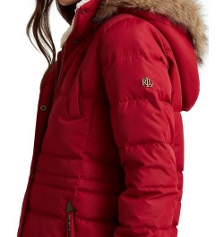 Women's Faux-Fur-Trim Hooded Down Puffer Coat Red $95.00 Coats