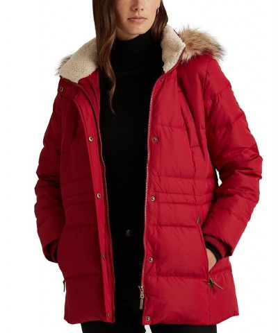 Women's Faux-Fur-Trim Hooded Down Puffer Coat Red $95.00 Coats