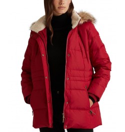 Women's Faux-Fur-Trim Hooded Down Puffer Coat Red $95.00 Coats