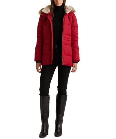 Women's Faux-Fur-Trim Hooded Down Puffer Coat Red $95.00 Coats