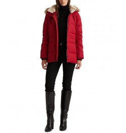 Women's Faux-Fur-Trim Hooded Down Puffer Coat Red $95.00 Coats