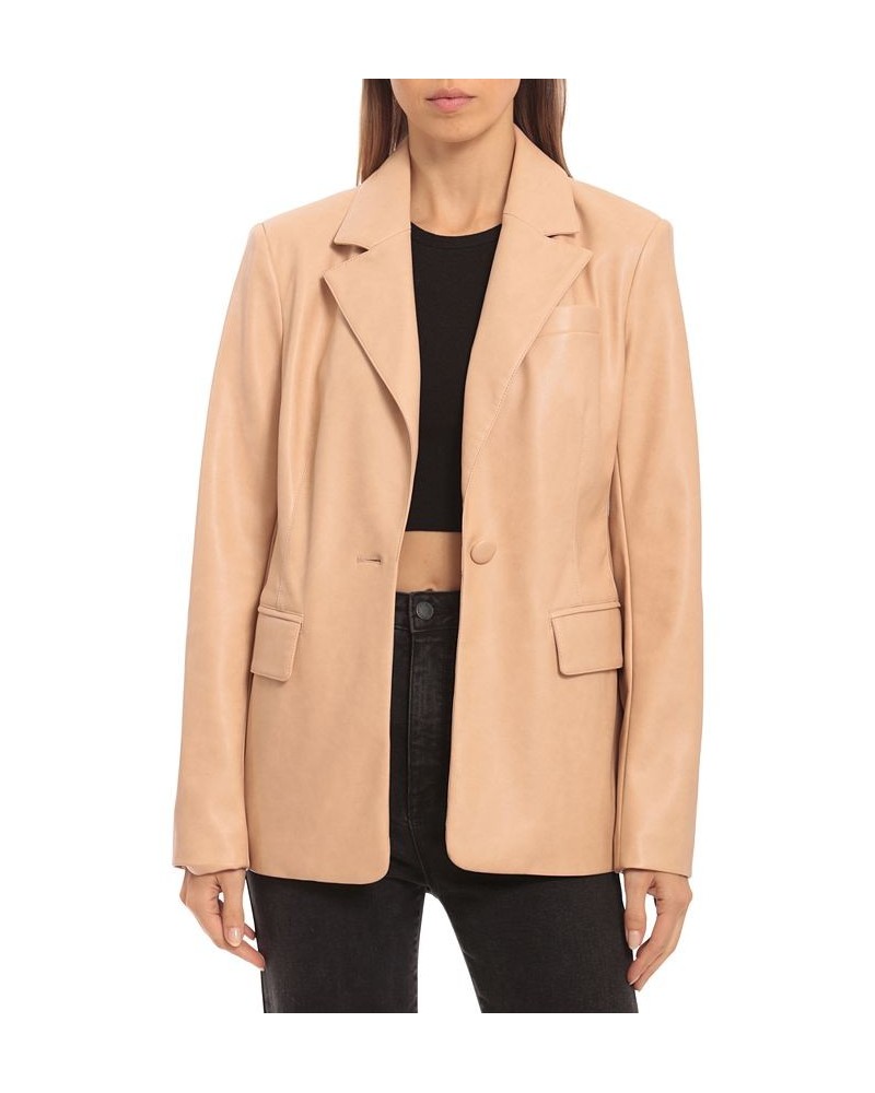 Women's Faux-Leather Fitted Blazer Brown $27.80 Jackets