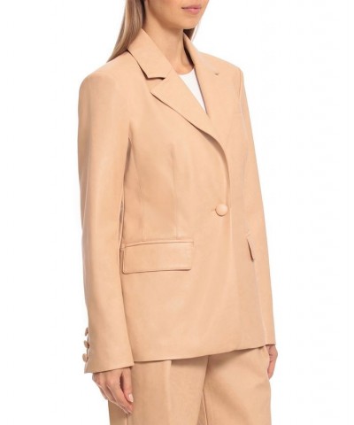 Women's Faux-Leather Fitted Blazer Brown $27.80 Jackets