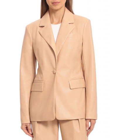 Women's Faux-Leather Fitted Blazer Brown $27.80 Jackets