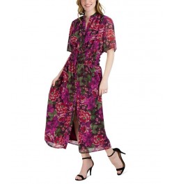 Women's Smocked-Waist Floral-Print Shirtdress Burgundy Multi $52.89 Dresses