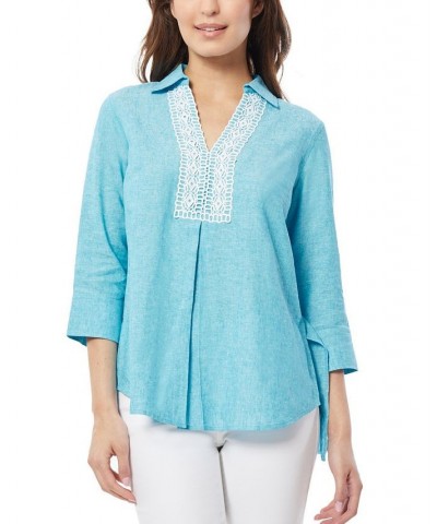Women's Lace Trim V-Neck High-Low Linen Tunic Blouse Blue $45.77 Tops