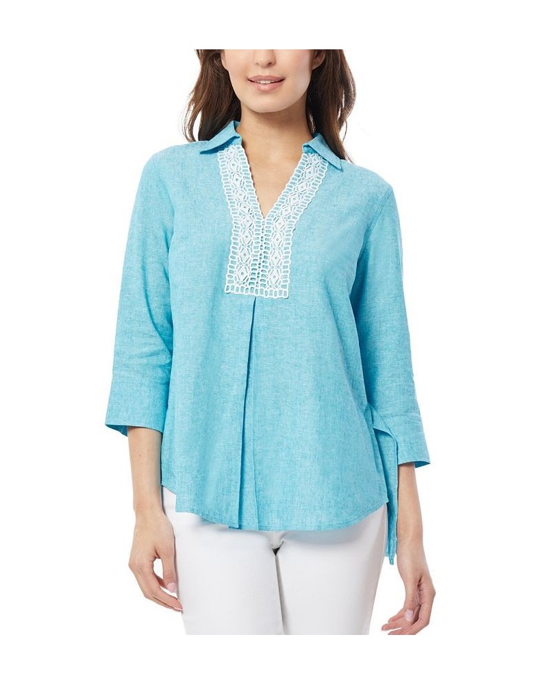 Women's Lace Trim V-Neck High-Low Linen Tunic Blouse Blue $45.77 Tops