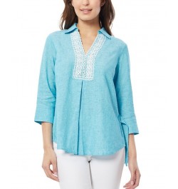 Women's Lace Trim V-Neck High-Low Linen Tunic Blouse Blue $45.77 Tops