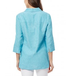 Women's Lace Trim V-Neck High-Low Linen Tunic Blouse Blue $45.77 Tops