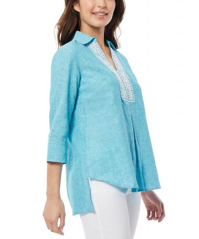 Women's Lace Trim V-Neck High-Low Linen Tunic Blouse Blue $45.77 Tops