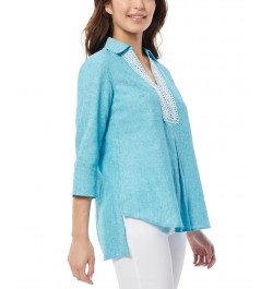 Women's Lace Trim V-Neck High-Low Linen Tunic Blouse Blue $45.77 Tops