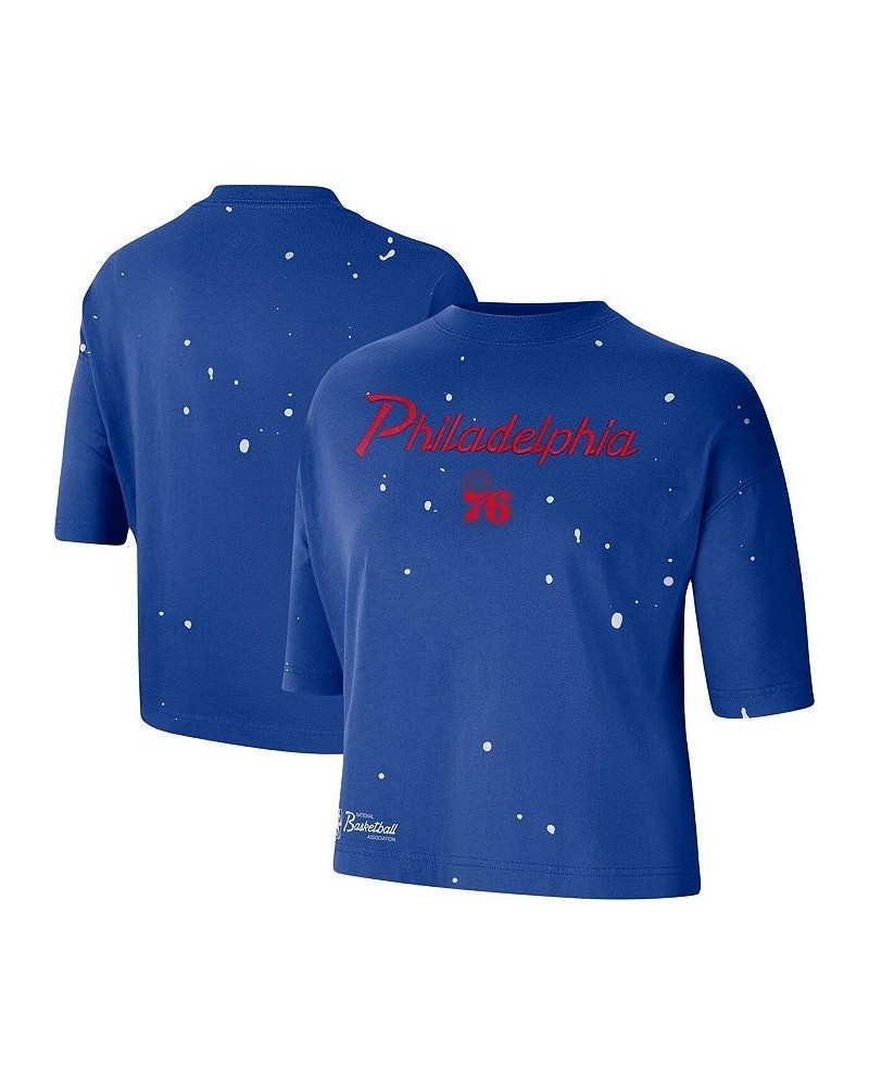 Women's Royal Philadelphia 76ers Courtside Splatter Cropped T-shirt Royal $28.99 Tops