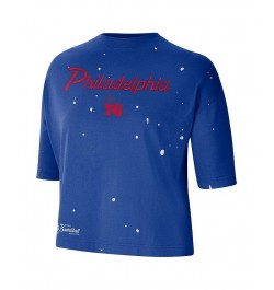 Women's Royal Philadelphia 76ers Courtside Splatter Cropped T-shirt Royal $28.99 Tops