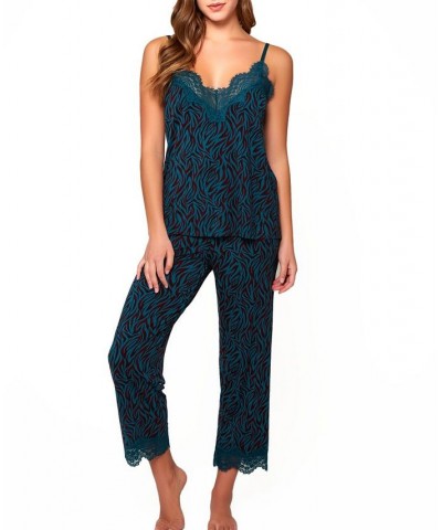 Women's Zebra Print Jersey Knit Cami and Pant Pajamas Set Trimmed in Lace Green $38.20 Lingerie