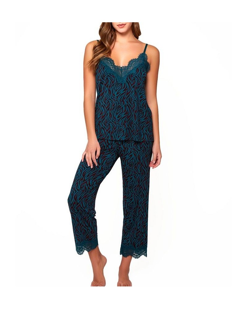 Women's Zebra Print Jersey Knit Cami and Pant Pajamas Set Trimmed in Lace Green $38.20 Lingerie