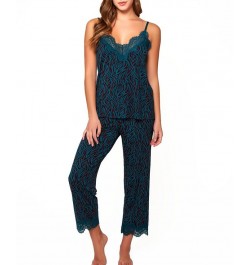 Women's Zebra Print Jersey Knit Cami and Pant Pajamas Set Trimmed in Lace Green $38.20 Lingerie