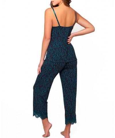 Women's Zebra Print Jersey Knit Cami and Pant Pajamas Set Trimmed in Lace Green $38.20 Lingerie