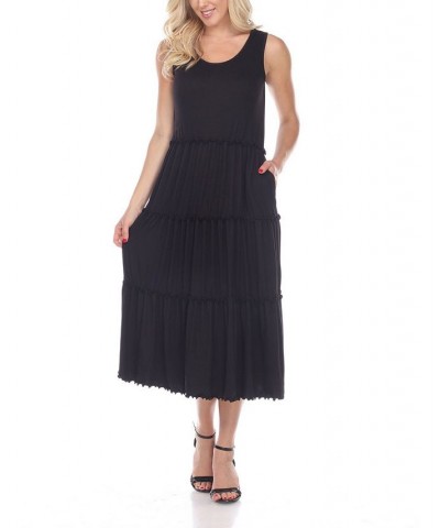 Women's Scoop Neck Tiered Midi Dress Black $17.16 Dresses