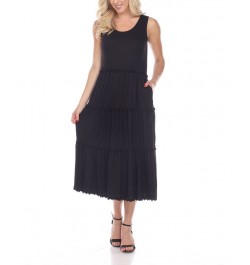 Women's Scoop Neck Tiered Midi Dress Black $17.16 Dresses