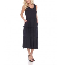 Women's Scoop Neck Tiered Midi Dress Black $17.16 Dresses