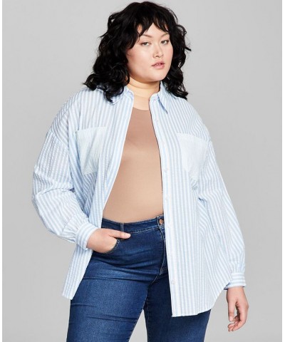 Plus Size Seersucker Long-Sleeve Button-Up Shirt Blue $18.29 Tops