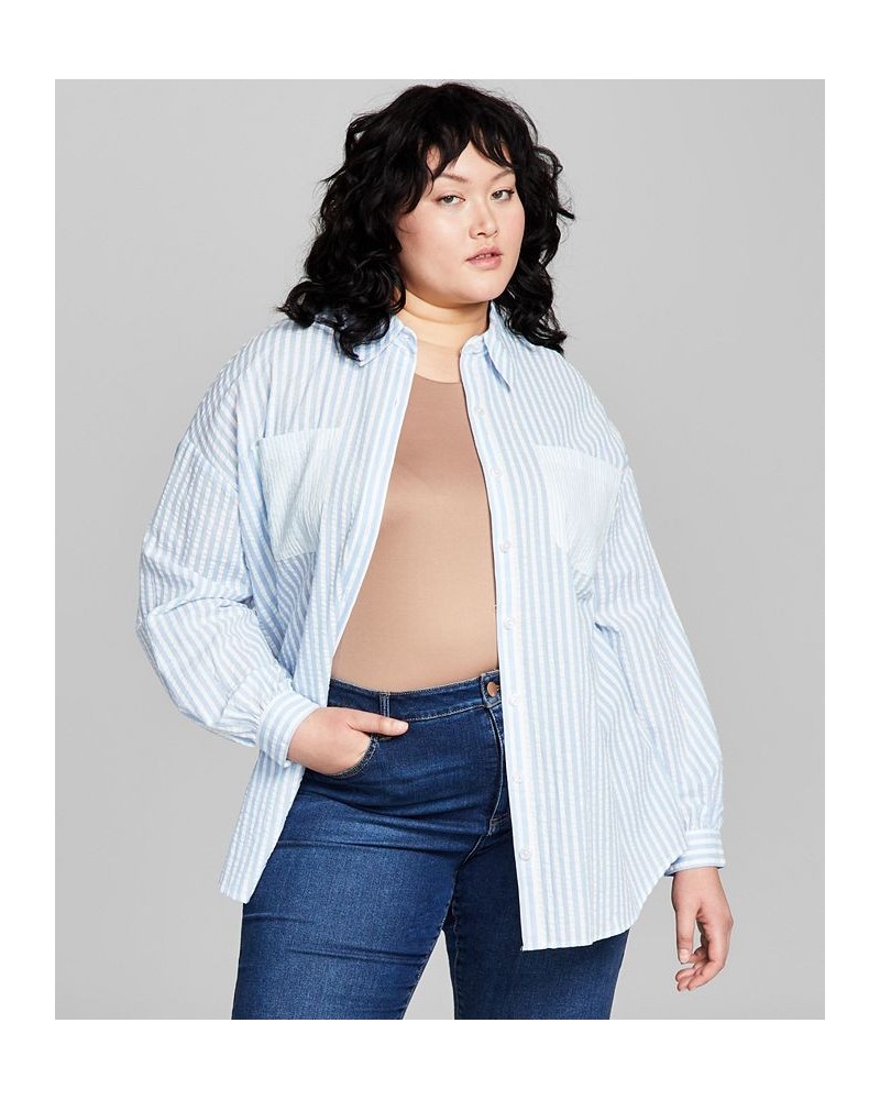 Plus Size Seersucker Long-Sleeve Button-Up Shirt Blue $18.29 Tops