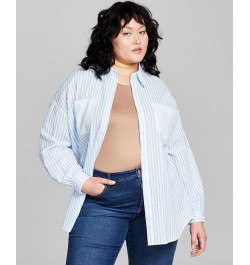 Plus Size Seersucker Long-Sleeve Button-Up Shirt Blue $18.29 Tops