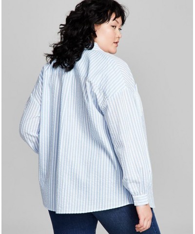 Plus Size Seersucker Long-Sleeve Button-Up Shirt Blue $18.29 Tops