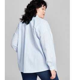 Plus Size Seersucker Long-Sleeve Button-Up Shirt Blue $18.29 Tops