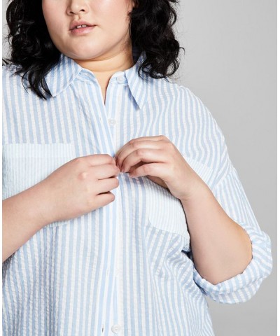 Plus Size Seersucker Long-Sleeve Button-Up Shirt Blue $18.29 Tops