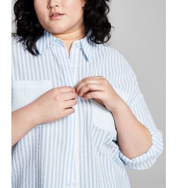 Plus Size Seersucker Long-Sleeve Button-Up Shirt Blue $18.29 Tops