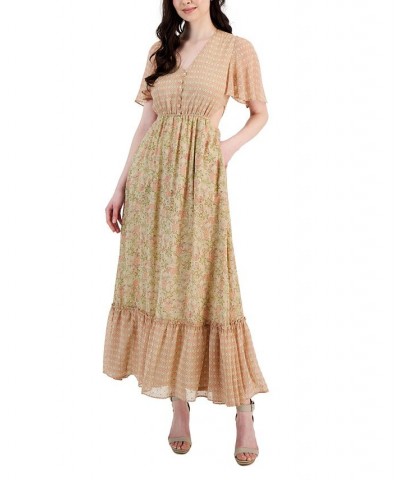 Women's Paris Printed Side-Cut-Out Maxi Dress Taupe/Quartz Pink $52.15 Dresses