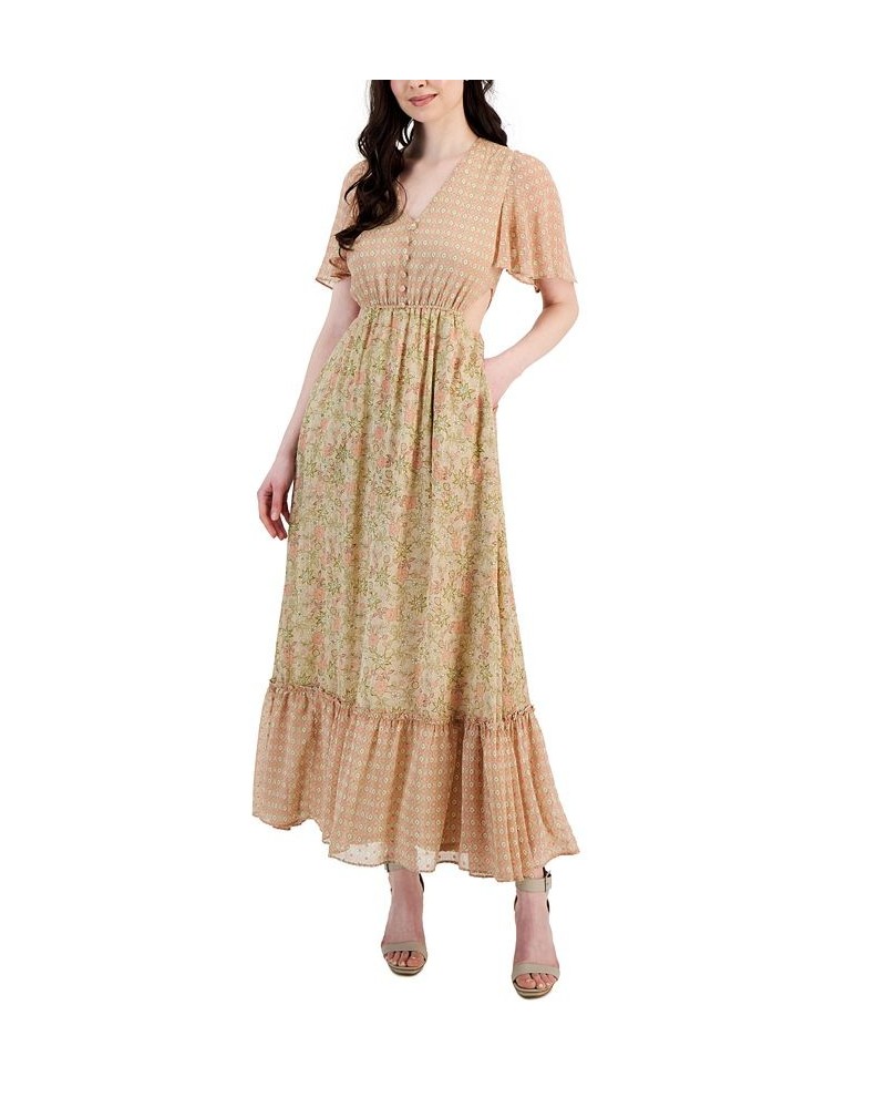 Women's Paris Printed Side-Cut-Out Maxi Dress Taupe/Quartz Pink $52.15 Dresses