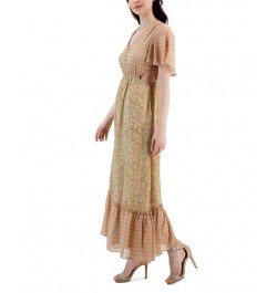 Women's Paris Printed Side-Cut-Out Maxi Dress Taupe/Quartz Pink $52.15 Dresses