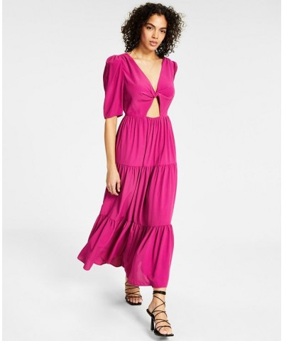 Women's Printed Twist-Front Cut-Out Tiered Keyhole Midi Dress Pink $28.16 Dresses