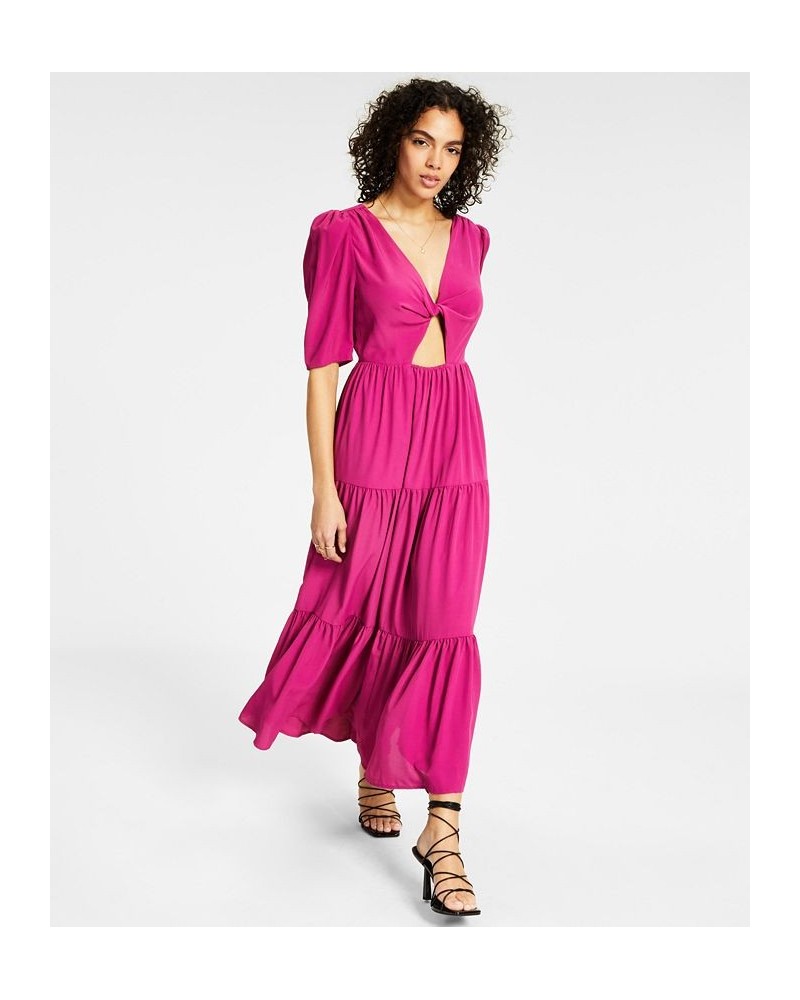 Women's Printed Twist-Front Cut-Out Tiered Keyhole Midi Dress Pink $28.16 Dresses