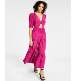 Women's Printed Twist-Front Cut-Out Tiered Keyhole Midi Dress Pink $28.16 Dresses