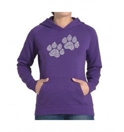 Women's Word Art Hooded Sweatshirt -Woof Paw Prints Purple $27.60 Sweatshirts