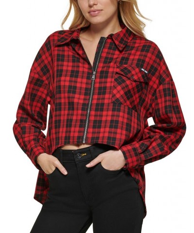 Women's Plaid Zip-Front Long-Sleeve Shirt Black/Scarlet $25.36 Tops