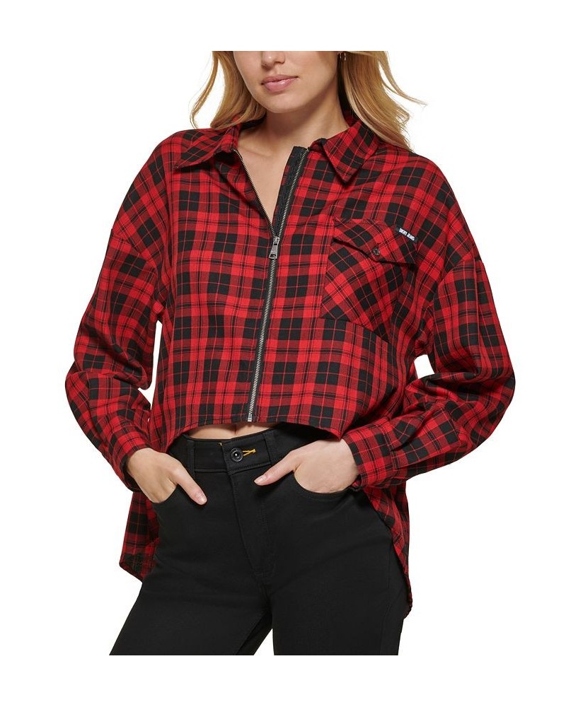 Women's Plaid Zip-Front Long-Sleeve Shirt Black/Scarlet $25.36 Tops